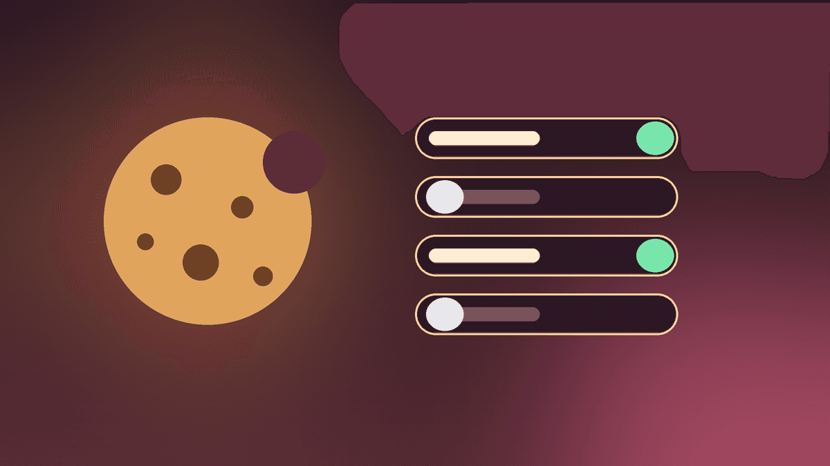 Illustration of a cookie next to four consent category toggles, two switched on and two switched off