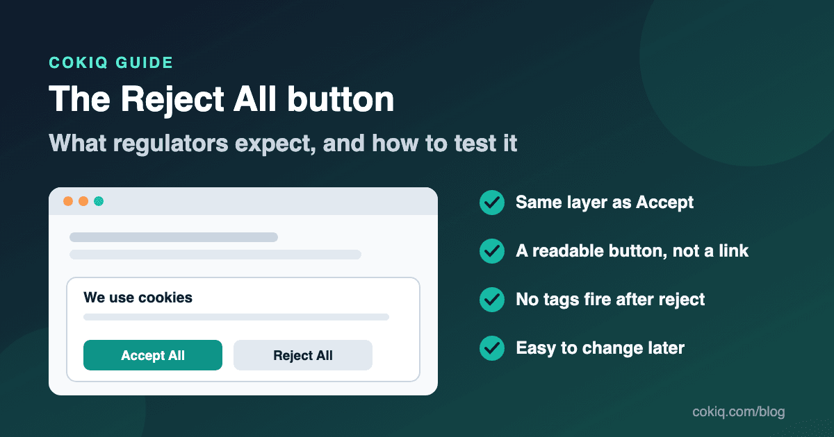 Cookie banner with Accept All and Reject All buttons side by side, next to a checklist: same layer, readable button, no tags after reject, easy to change later